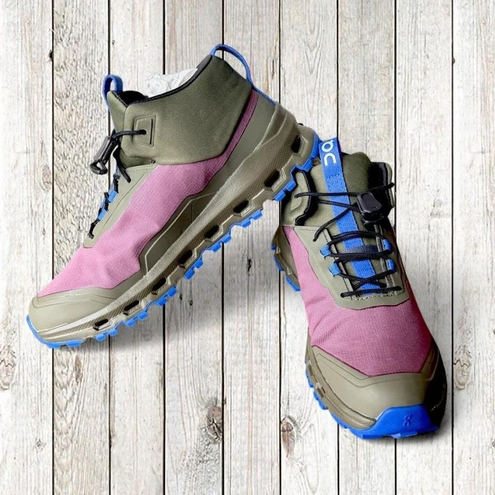 On Cloudhero Mid Waterproof Hiking Boots Cherry Olive Blue Youth 4.5Y NEW
